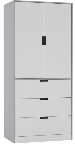 URBNLIVING 2 Door 3 Drawer Black White Oak Grey Modern Wardrobe Furniture with Clothes Hanging Rail Storage Shelf for Home Bedroom Organiser Unit H180cm x W80cm x D50cm