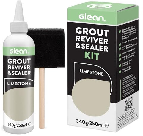 GLEAN Grout Reviver & Sealer | LIMESTONE | 340g | Restore, Repair, Renew Tile Grout | Includes Foam Brush | Stain Resistant, Breathable Grout Cleaner | Bathroom, Shower & Kitchen Tile Grout