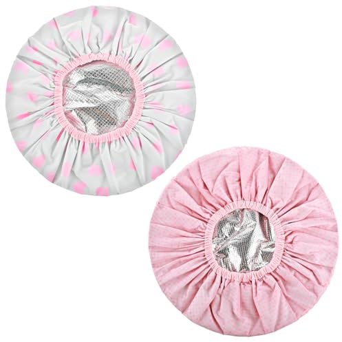 2 Pcs Heat Cap for Deep Conditioning, Waterproof Double Layer Heat Cap, Reusable Large Hot Oil Hair Treatment Caps or Long Thick Hair(Pink Series)