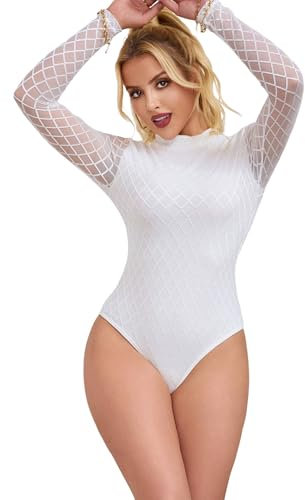 ohyeahlady Bodysuit for Women Sexy Sheer Lace Mesh Longs Sleeve Body Suit Leotard Going Out Top with Snap Closure White XL