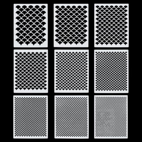 PH PandaHall 9 Styles Fischschuppen Schablone Meerjungfrau Schuppen Malerei Schablonen Gesicht Make-up Schablonen Drachen Malerei Schablonen für Kunstmalerei an Wänden Gesicht Körper Stoff 20x15cm