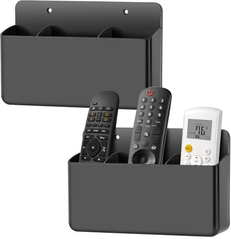 Nymblis 2 Packs Remote Control Holder Wall Mount, Self Adhesive TV Remote Holder for Sofa, 3 Slot Pen Storage Box for Home Office Bedroom (Black)