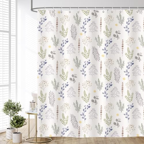 Dazzlewall Cortina de Ducha Floral Beige, Plantas Hierbas Follaje Colorido Impermeable 180x180cm, Antimoho Tela con 12 Ganchos