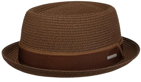 Stetson Ruviano Pork Pie Strohhut Melierter Hut UV Schutz 40+ Damen Herren Frühjahr Sommer Dunkelbraun XL (60-61 cm)