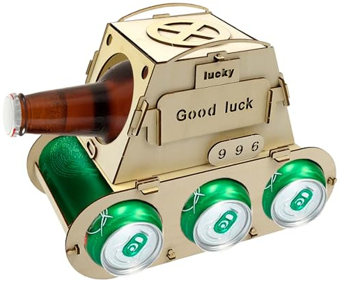 Mritrit Portabottiglie di birra in legno personalizzato regalo originale per uomini 30° 40° 50° compleanno festa del papà portabottiglie birra per papà, fratello, amici (Good Luck)