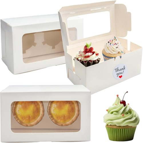 LHNNDM 20 Pcs Cupcake Boxes 2 Hole with Window and stickers, Cupcake Carrier Bakery Pastry Boxes Cookie Treat Muffins Boxes Carrier for Home Baker Birthday (White 2 Hole)