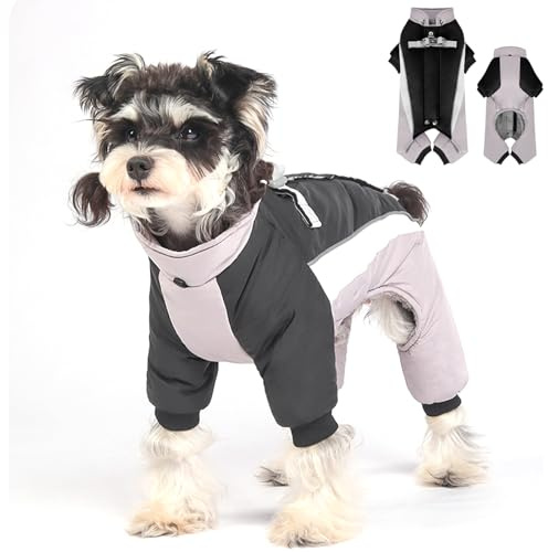 Duuclume Hunde-Wintermantel, warme Jacke, verstellbar, wasserdicht, 4 Beine, Haustier-Overall mit D-Ring und reflektierenden Streifen für kleine bis große Hunde (Schwarz-Grau, M)