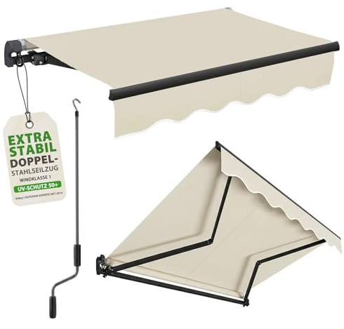 Sekey Gelenkarmmarkise 250x200 cm mit Handkurbel, 0-53° stufenlos neigbar, Doppel-Stahlseilzug, 280g/m² Polyester wasserdicht, Sonnenschutz, UV-Schutz, Markise für Balkon, Terrasse & Garten, Beige