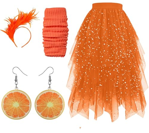 Aperolkostüm Damen Tüllrock Orange Mit Glitzer: Hohe Taille Tütü Rock Glitzerrock Mehrschichtiger Mesh Tüll Röcke, Obst Acryl Ohrringe, Feder Haarschmuck Cosplay Karneval Kostüm