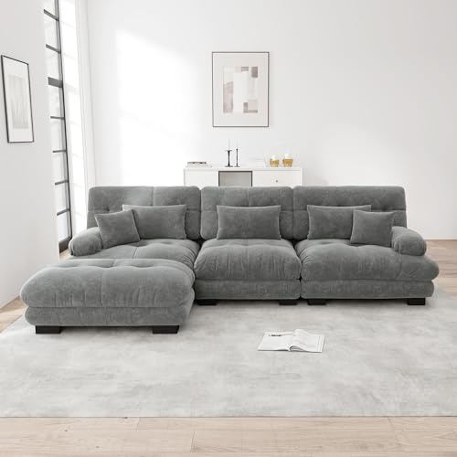 Generisch Luxus Ecksofa Grau Chenille Modulares L-Form Sofa mit Ottoman Cloud Couch XXL Schlafsofa Wohnzimmer