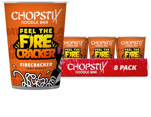 Chopstix Firecracker Saucy Noodles 8 x 72g, Extra Long Wheat Noodles with Chilli, Soy and Ginger Sauce, Vibrant Spicy Heat, Ready in 6 Minutes