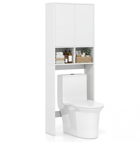 COSTWAY Armario de Almacenamiento sobre el Inodoro, Mueble Organizador de Baño con Puertas, 2 Compartimentos Abiertos, Estante Ajustable, Gabinete Estantería Ahorro de Espacio para Lavandería, Blanco