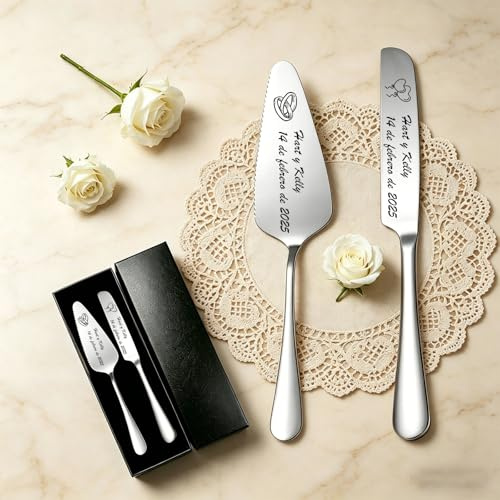 RSQGT Juego de Cuchillo y Pala para Tarta de Boda Personalizable | Acero Inoxidable, Personalizable con Texto, Nombres y Motivos, para Bodas, Cumpleaños y Aniversarios
