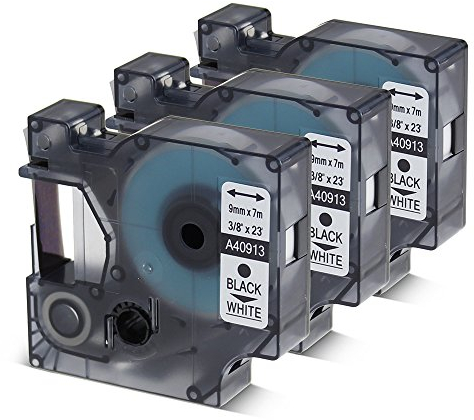 Oozmas Schriftband kompatibel mit Dymo D1 40913 s0720680 9mm x 7m schwarz auf weiß, Etikettenband für DYMO LabelManager LM160 LM210D LM260P LM280 LM360D LM420P, 3er-Pack