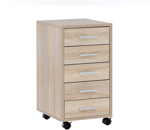 Wohnling Rollcontainer Sonoma 33 x 63 x 38 cm Holz Schubladenschrank Schreibtisch, Büro Schrank mit 5 Schubladen, Container Rollschrank klein Standcontainer schmal, Schreibtischcontainer mit Rollen