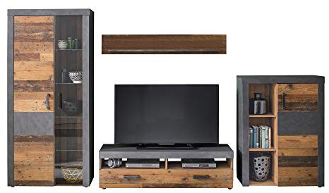trendteam smart living - Indy - Wohnwand (Vitrine + TV-Lowboard + Wandregal + Standregal) - Graphit Grau/Alteiche - (BxHxT) 343 x 189 x 40 cm