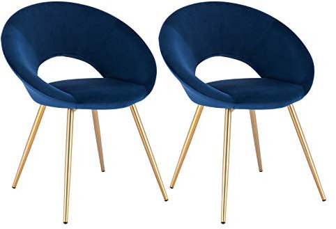WOLTU® Esszimmerstühle BH230bl-2 2er Set Küchenstuhl Polsterstuhl Wohnzimmerstuhl Sessel, Sitzfläche aus Samt, Metallbeine, Gold+Blau