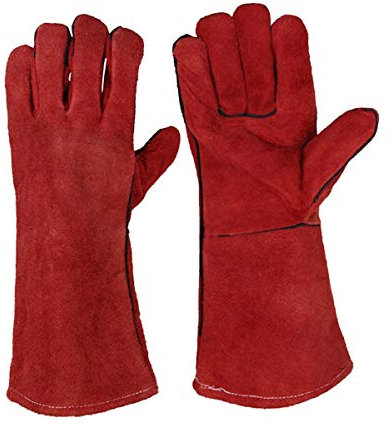 JZK 1 Paio Guanti Saldatura Resistenti al Calore, Guanti protettivi per Alte Temperature per griglia Stufa a Legna Camino Forno Barbecue, Guanti Lunghi in Pelle
