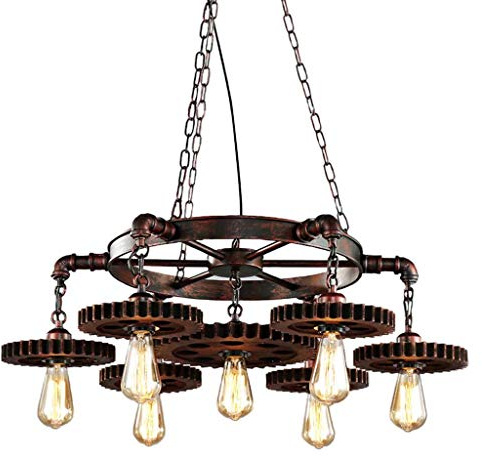 JIAODIE Rétro Lustre L'ancienne Chandelier Lustres Lumières Roue dentée Plafonnier Industriel Creative Suspensions Lamp Bar Comptoir Décoration Café Restaurant Bois Massif Lumières Suspendues,7*E27