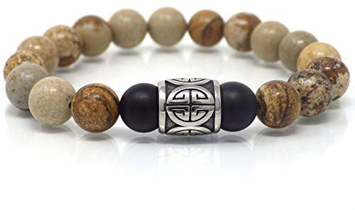 Bracelet marron pour homme en acier inoxydable avec motifs chinois et perles en jaspe et agate