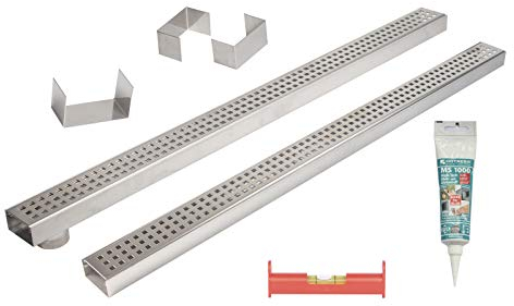 Rinnenset V2A superflach mit 1 Rinne mit Stutzen, 1 Rinne geschlossen, 2 Endstücke, 1 Verbinder, 1 Dichtmittel, 1 Schnurwasserwaage