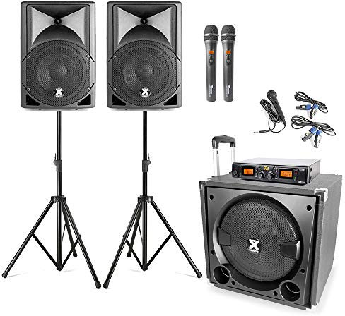 Vonyx VX800 2.1 Active Karaoke PA System with Subwoofer, Bluetooth, Dual UHF Wireless Microphones, Speaker Stands & Echo Control - Professional Karaoke Setup for DJs & Events