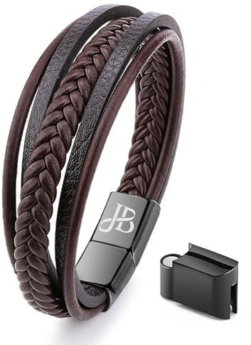 Jewellbox Mens Leather Bracelet, Brown, Adjustable Size 21cm - 22.2cm, Premium Bracelet for Men with Magnetic Clasp