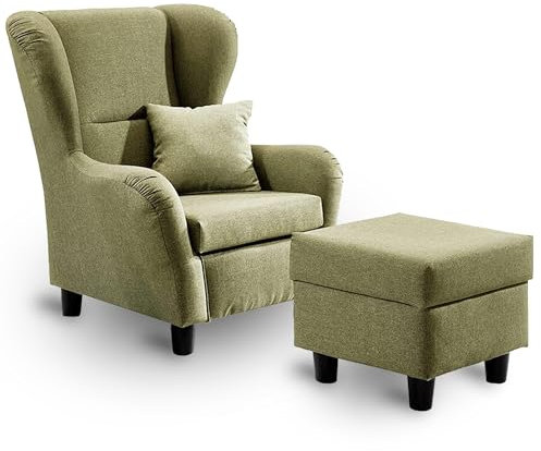 lifestyle4living - Moderner Ohrensessel mit Hocker – Große Auswahl an Stoffen und Farben - Gemütlicher Designer-Sessel im eleganten Landhaus-Stil, Grün