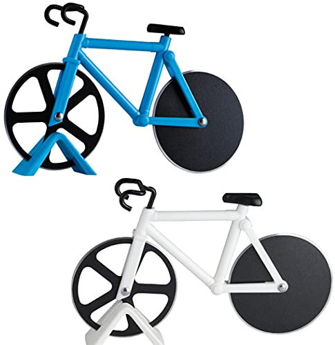 Hoshen 2 Piece Creative Bicycle Shape Pizza Cutter, Divider, Stainless Steel Pizza Cutting Wheel, Pizza Cutting Tool - Blue、White