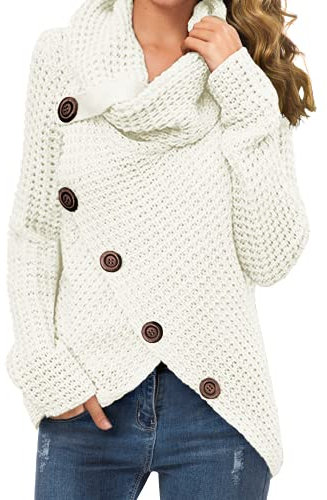 GRECERELLE Women's Winter Jumpers Knit Warm Turtle Neck Wrap Asymmetric Hem Jumper Sweater Tops with Button for Ladies (White, L)
