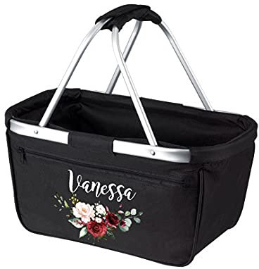 personalisierter Einkaufskorb mit Name und Blumenmuster rot, faltbar, Geschenk für Familie, Freunde, Verwandte