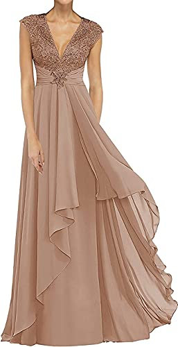 KURFACE Robe de mère de la mariée longue à volants et col en V sans manches pour femme, rose poudré, 78