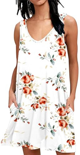 AUSELILY Robe De Plage pour Les Femmes D'été Décontractée Robe Balançoire sans Manches Réservoir Mini Robes avec Poches Rose Blanc M