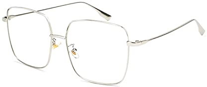 OSAGAMA Blaulichtblockierende Brille für Frauen Anti-Ermüdung Übergroße Quadratische Computerbrille Metallrahmenbrille für PC, TV Silver