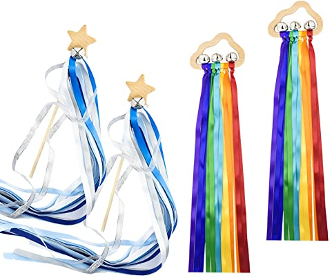 Surplex 2 Baby Regenbogen Holzband Ring Spielzeug + 2 Stern Zauberstab, Rassel Montessori Kreative Handdrachen Sinnesspielzeug Band Spielzeug zum Tanzen Geburtstagsgeschenke Kleinkind Kinder