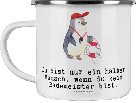 Mr. & Mrs. Panda Camping Emaille Tasse Bademeister Herz - Geschenk, Blechtassen, Schenken, Danke, Schwimmschule, Abzeichen, Freibad, Badeanstalt,