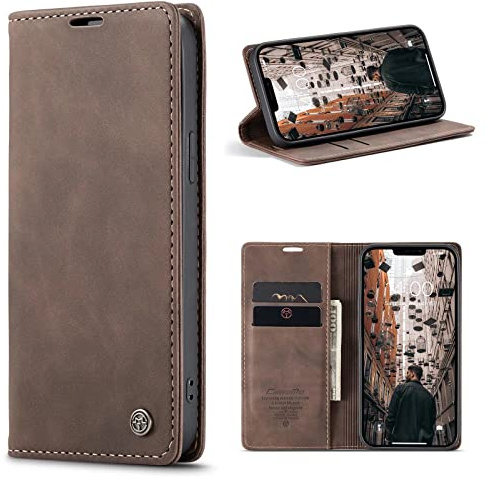 CaseMe Hülle für iPhone 14 Vintage Dünne Handyhülle mit Kartenfach Geld Slot Ständer PU Ledertasche Flip Schutzhülle für iPhone 14- Kaffee Braun