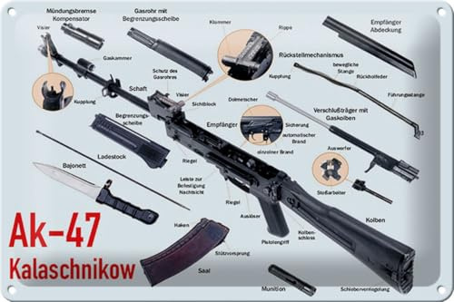 mrdeco Metall Schild 20x30cm gewölbt Gewehr AK-47 Kalaschnikow Einzelteile Deko Blechschild Tin Sign