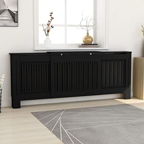 HOMIUSE Heizkörper Verkleidung Abdeckung 205x20.5x81.5 cm Heizkörperverkleidung Modernes Lamellen-Design Heizung Abdeckung Heizungsverkleidung für Wohnzimmer Radiator Cover Schwarz MDF
