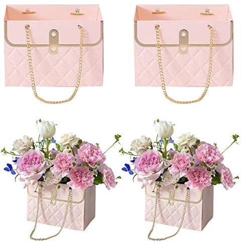 RANRAO 4Pcs Flower Paper Gift Box with Handle, Waterproof Bouquet Paper Wrapping Bags, Portable Handy Flower Gift Bag for Flower Plant Decor