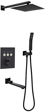 DERBUT Unterputz-Thermostatventil-Brausebatterie-Set, quadratisches Duschsystem, Duschkopf und Schlauchset, schwarz