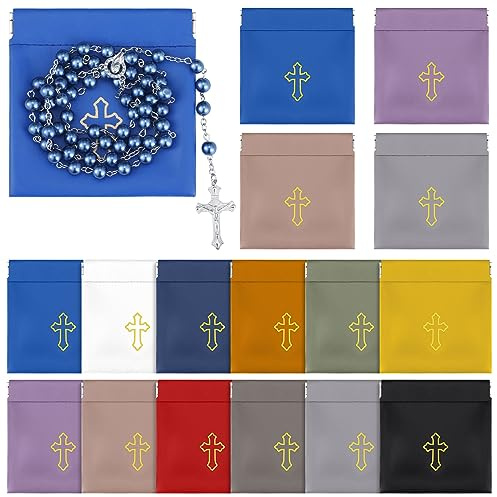 Wesnoy Rosary Pouch Catholic with Gold Cross Imprint, 12 Count (Pack of 1 | Squeeze Top Jewelry Pouches Bulk, PU Leather Rosary Case Bags Storage Catholic, Assorted Colors, Travel Portability Gift