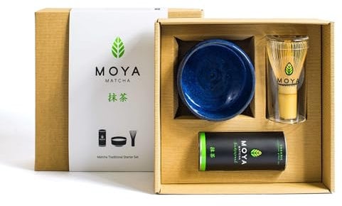 Organic Moya Matcha Green Tea Set | 30g Traditional Grade (II) Pack + Blue Bowl + Whisk | Traditional Grade Gift Powder Green Preparation Starter Basic Kit