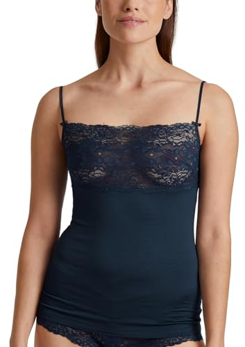 CALIDA Sensual Secrets Spaghetti-Top Damen, Brustbereich komplett aus zarter, semitransparenter Spitze, verstellbare Träger Peacoat Blue 48-50
