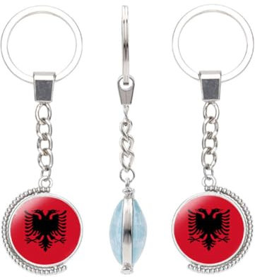 vmcoatdu Schlüsselanhänger mit Nationalflagge, doppelseitig, drehbar, Geschenk für Männer und Frauen, Edelstahl, Glas, Albanien, Einheitsgröße