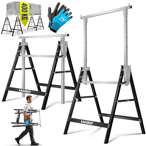 MASKO® Teleskop-Arbeitsbock Untergestell 2-er Set | Klappbock max. Belastbarkeit 200 kg | Unterstellbock höhenverstellbar Min. / max. Arbeitshöhe 800-1300 mm | Gerüstbock inkl. Handschuhe | Schwarz