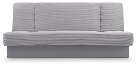 Sofa aus Cord mit Schlaffunktion und Bettkasten Schlafsofa Clic-Clack Couch für Wohnzimmer Federkern Sofagarnitur Polstersofa Cordstoff 192x85x92cm - CYPRUS NEW (Hellgrau (Poso 110 + Paros 05))