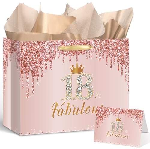 Yoirrat Rose Gold 18 & Fabulous 18th Birthday Gift Bag for Girls Large Pink Happy 18th Birthday Gift Bag with Wrapping Paper Card for Girls 18th Bday Decorations Party Supplies
