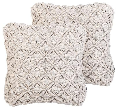 Beliani Dekokissen 2er Set Strickmuster Baumwolle beige Makramee 45 x 45 cm Kizkalesi
