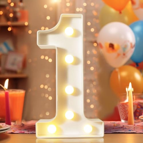 8.8 Decorative LED Light Up Numbers, Marquee Numbers Lights for 1st Birthday Decorations, Lighted Number Sign for Birthday Party Night Lights Wedding Anniversary Home Wall Decor, White Number 1